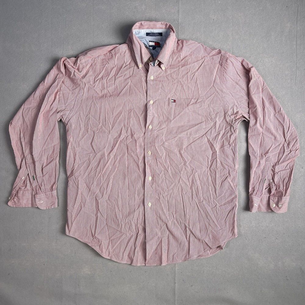Tommy Hilfiger  Dress Shirt Men Large Red Stripped Casual Office Career Business